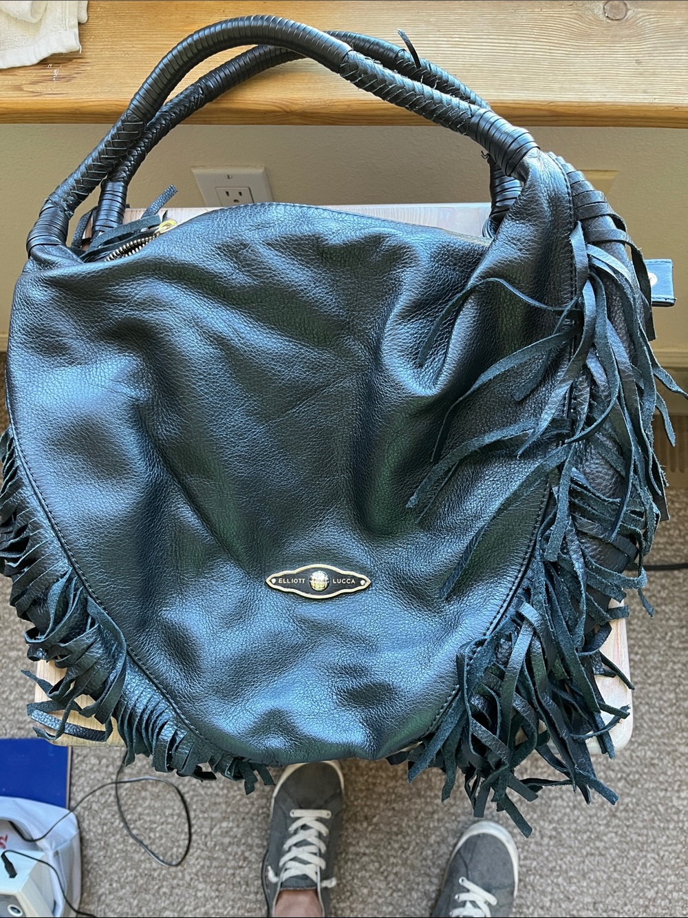 Elliott Lucca Black Leather Fringe Shoulder Bag